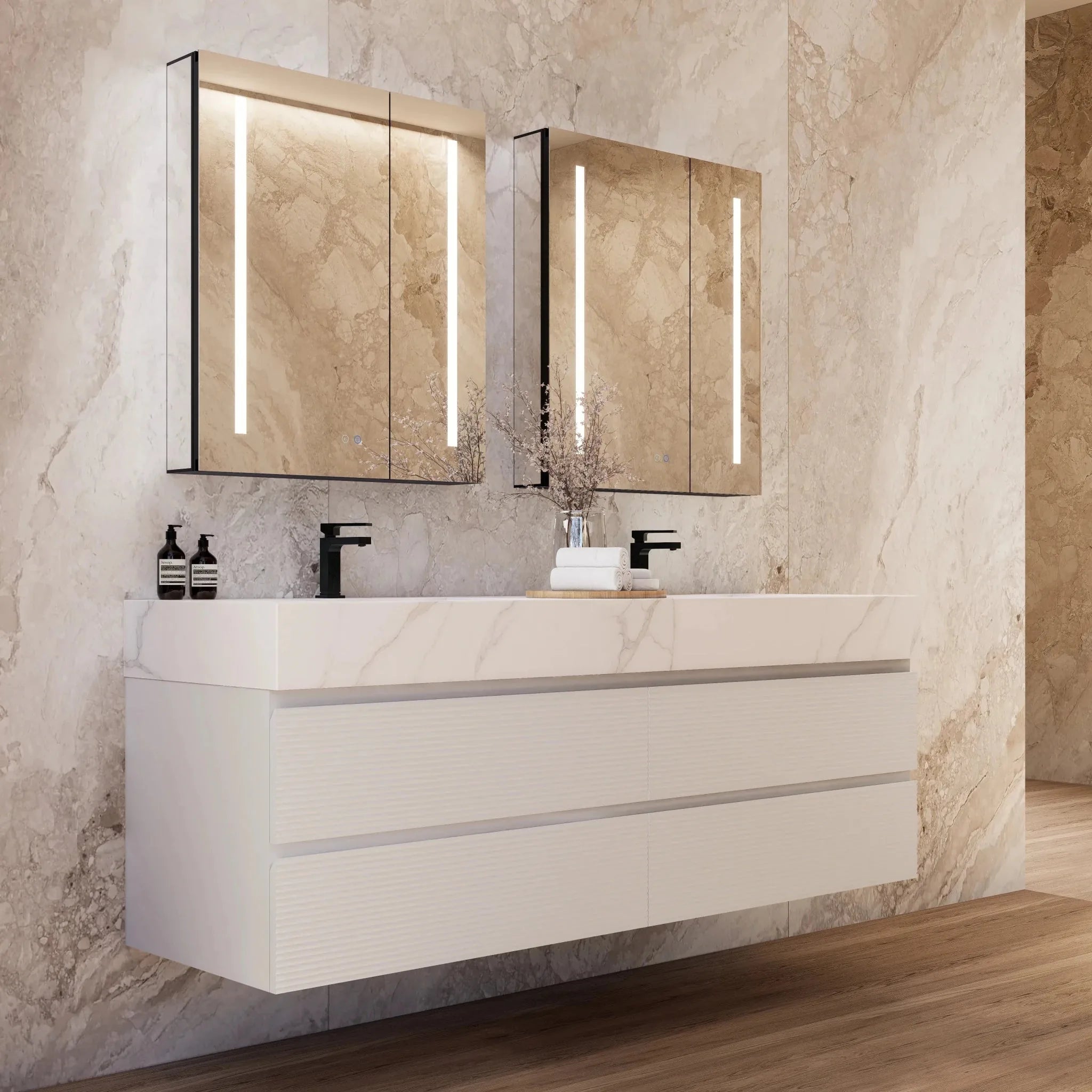 Aventino 60" White Fluted Floating Double-Sink Vanity with Sintered Stone Top