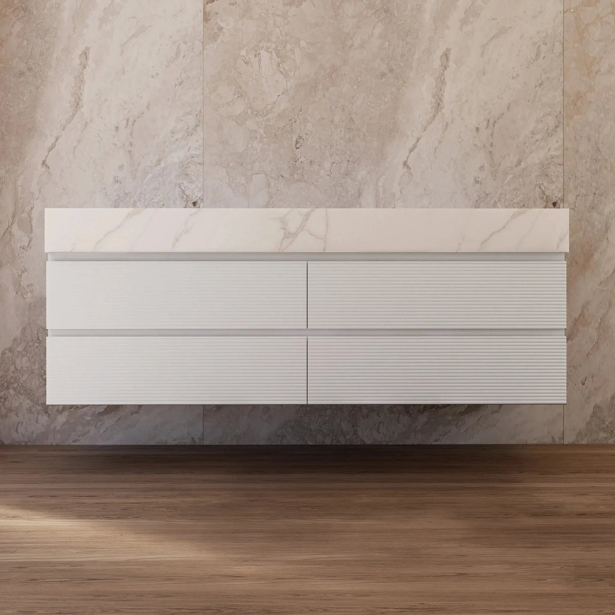 Aventino 60-inch gallery Fluted floating double-sink vanity — sintered stone top
