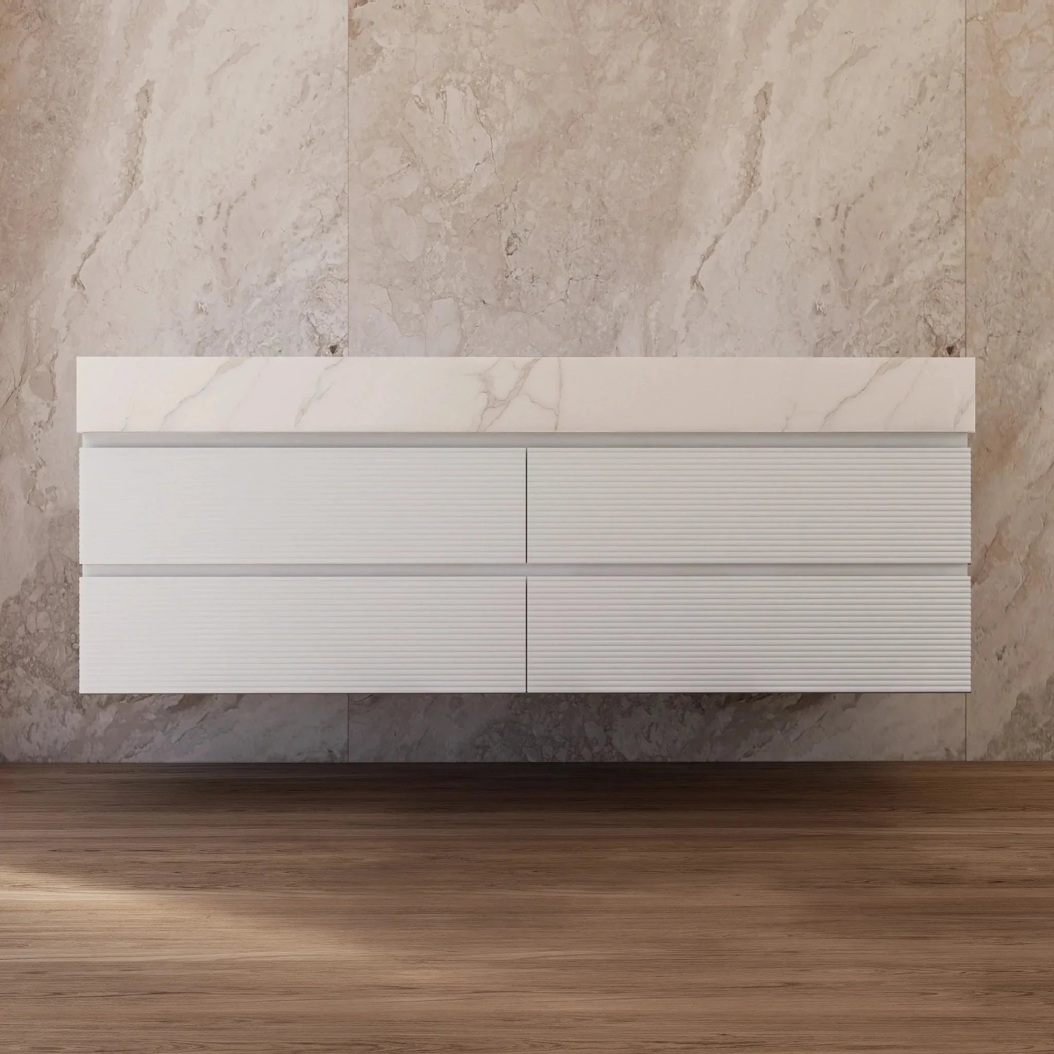 Aventino 60" White Fluted Floating Double-Sink Vanity with Sintered Stone Top