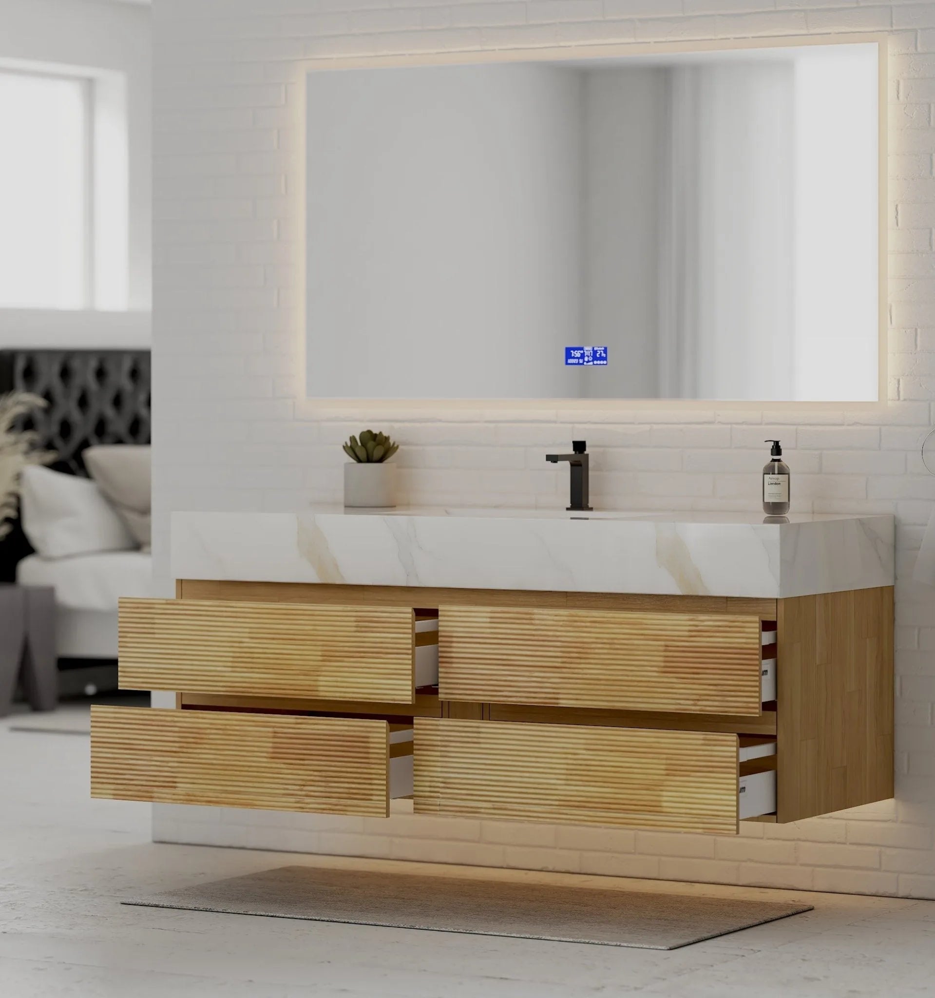 Aventino 60" Black Marquina Gold Veins Natural Oak Floating Single-Sink Vanity with Four Drawers