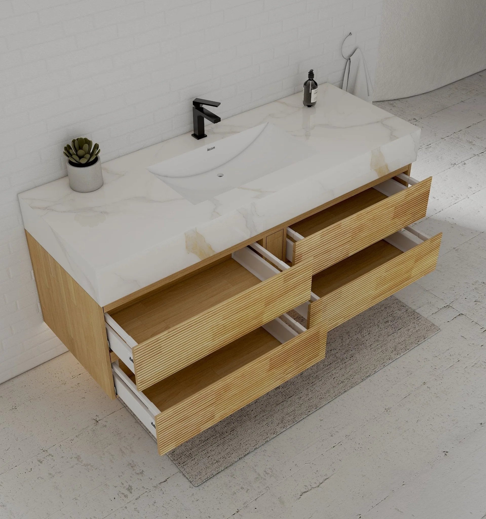 Aventino 60" Black Marquina Gold Veins Natural Oak Floating Single-Sink Vanity with Four Drawers