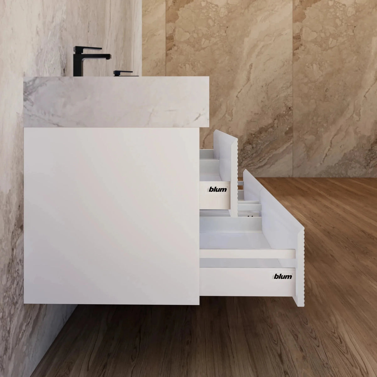 Aventino 60-inch gallery Fluted floating double-sink vanity — sintered stone top