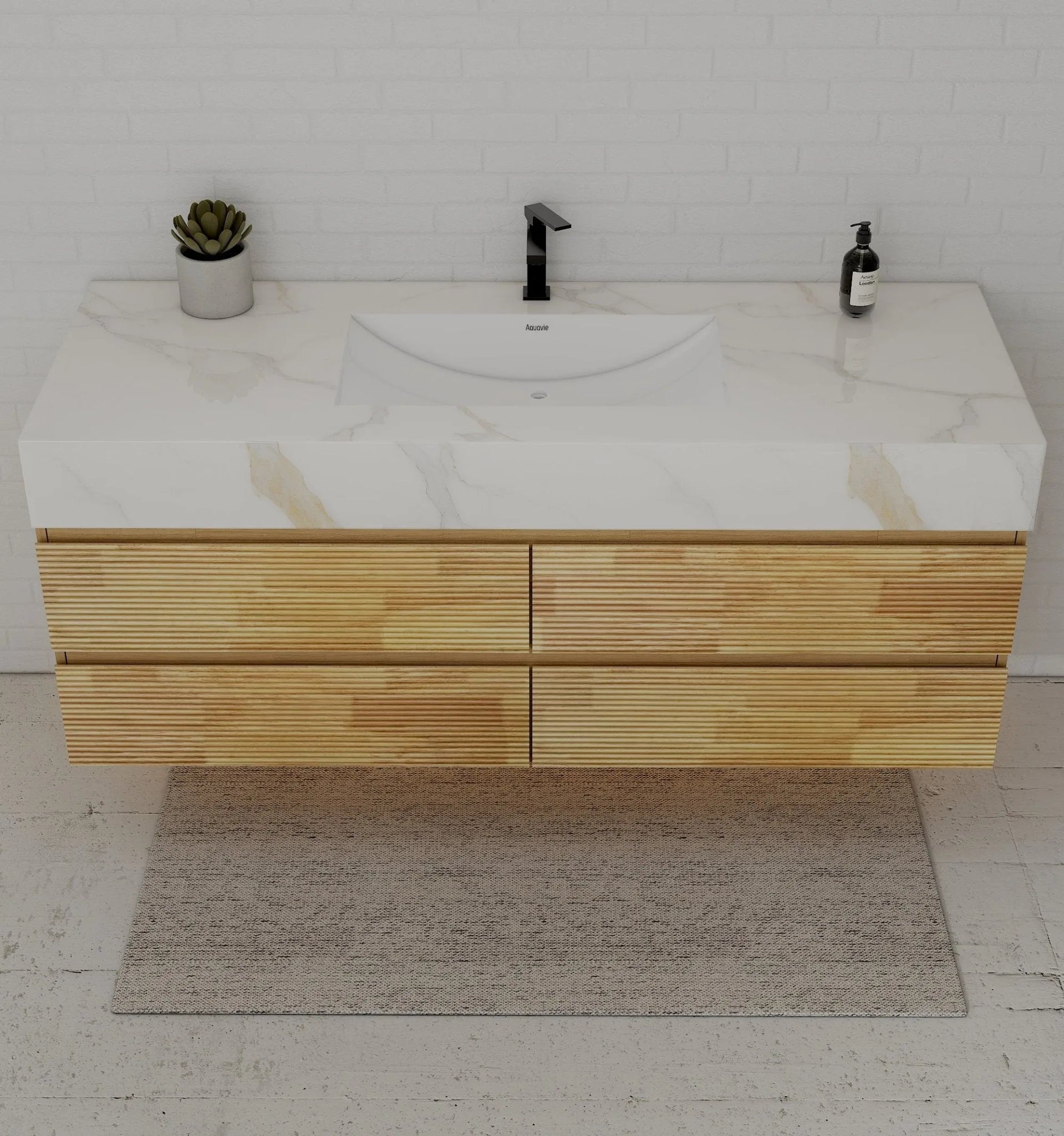 Aventino 60" Black Marquina Gold Veins Natural Oak Floating Single-Sink Vanity with Four Drawers