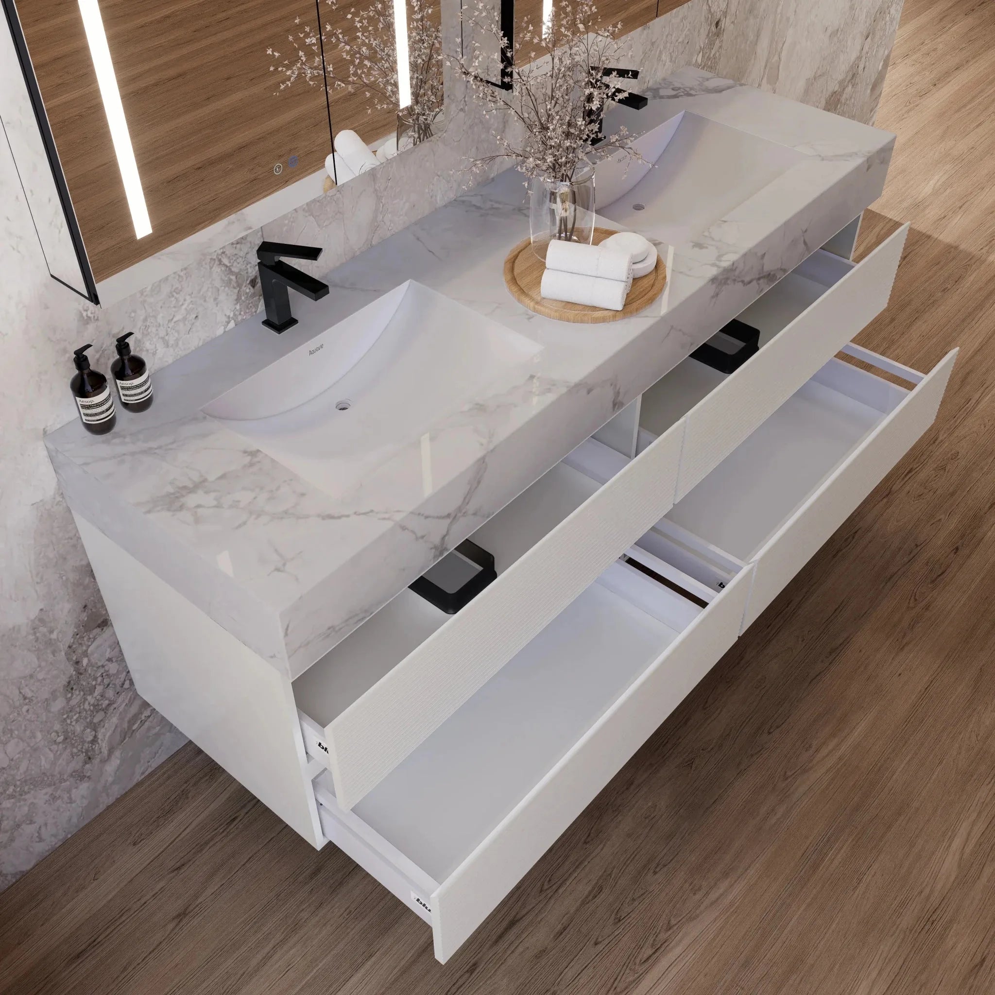 Aventino 60" White Fluted Floating Double-Sink Vanity with Sintered Stone Top