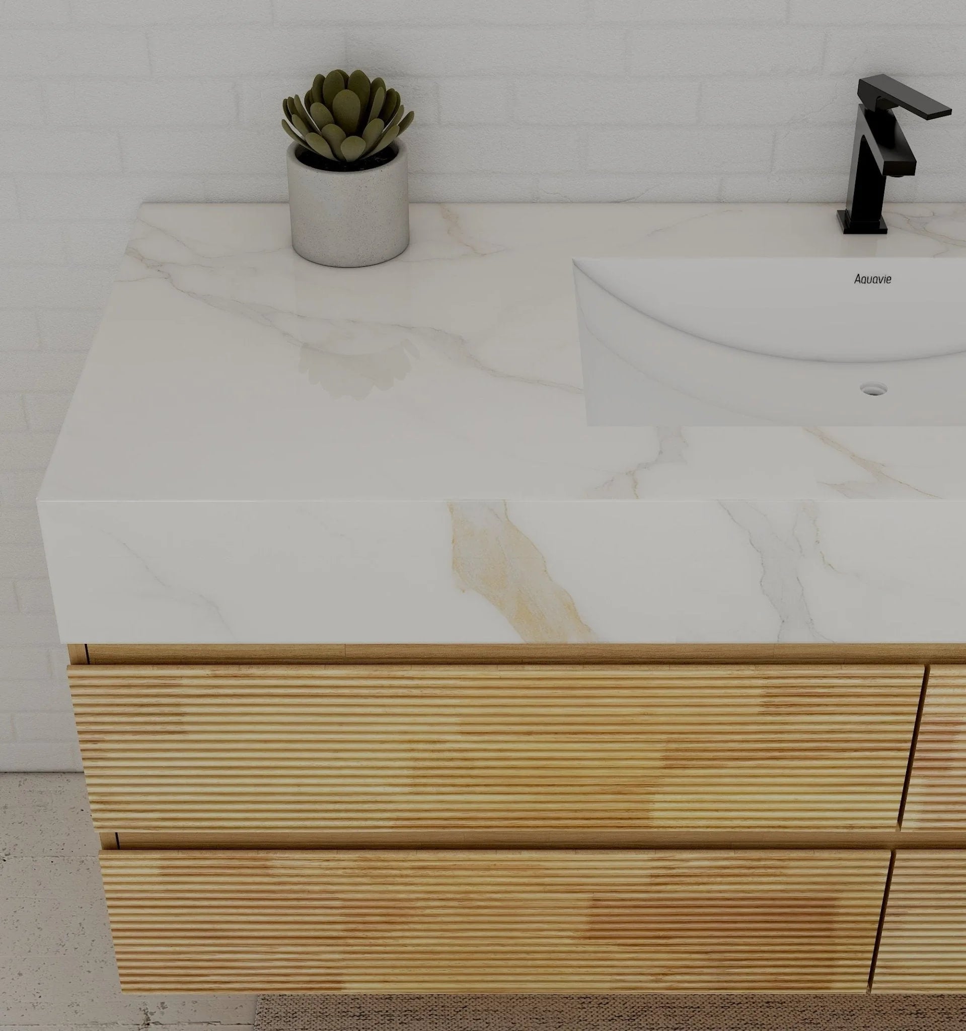Aventino 60" Black Marquina Gold Veins Natural Oak Floating Single-Sink Vanity with Four Drawers