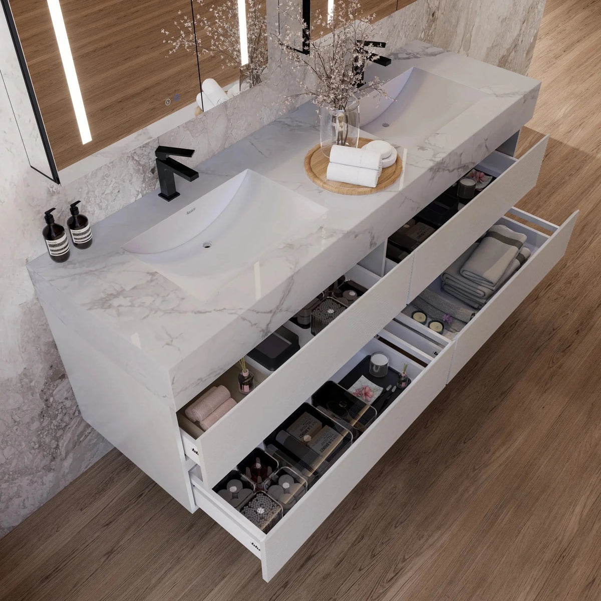 Aventino 60-inch gallery Fluted floating double-sink vanity — sintered stone top