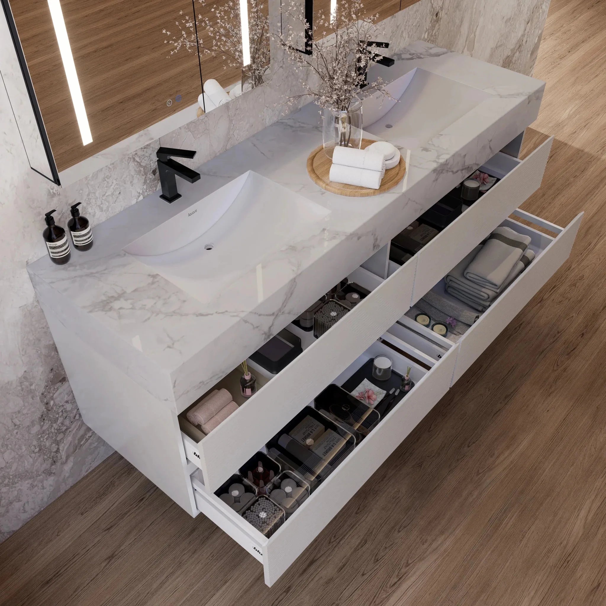 Aventino 60" White Fluted Floating Double-Sink Vanity with Sintered Stone Top