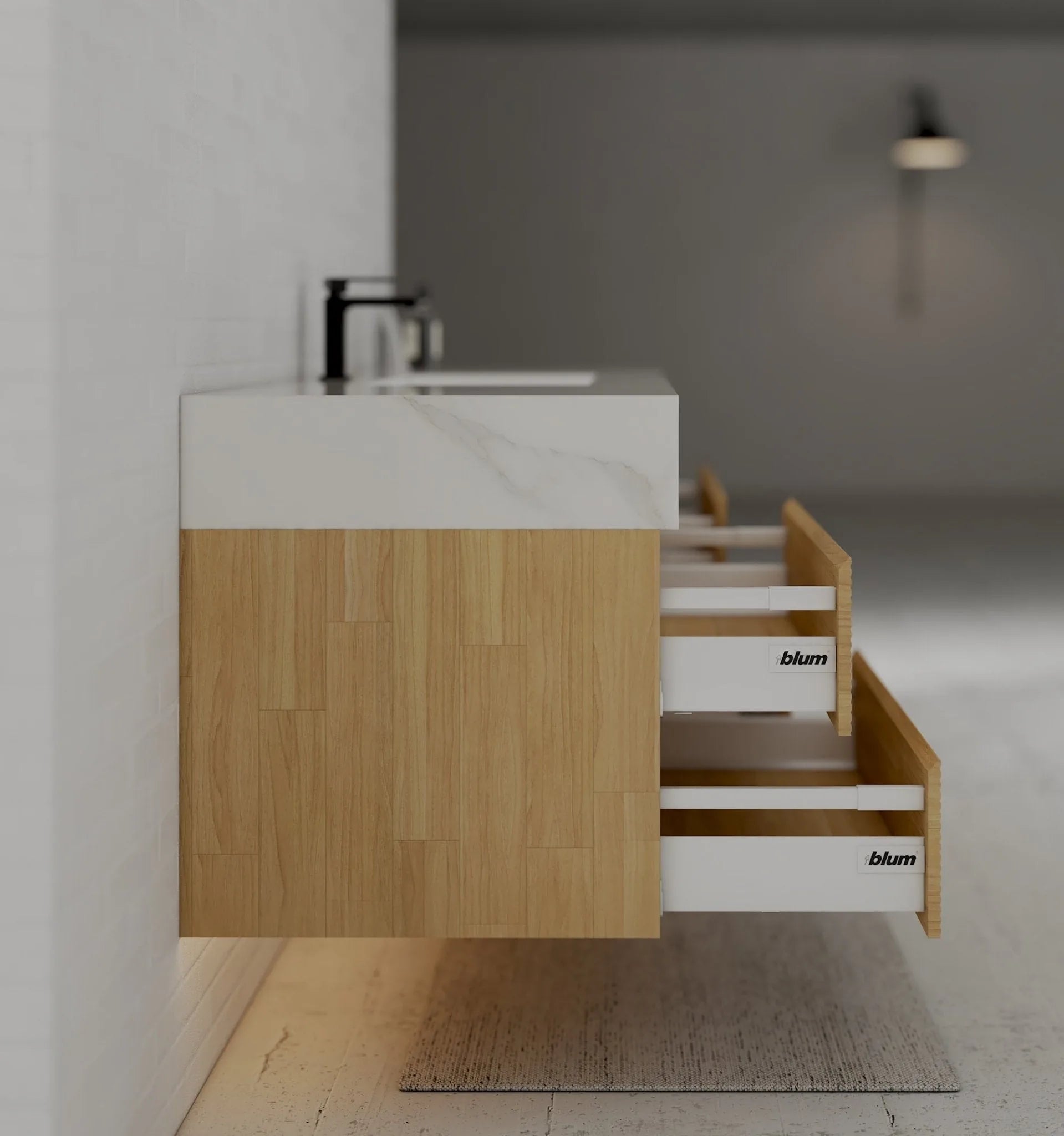 Aventino 60" Black Marquina Gold Veins Natural Oak Floating Single-Sink Vanity with Four Drawers