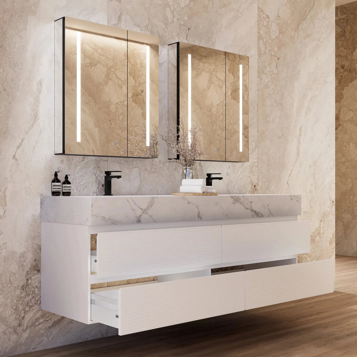 Aventino 60-inch gallery Fluted floating double-sink vanity — sintered stone top