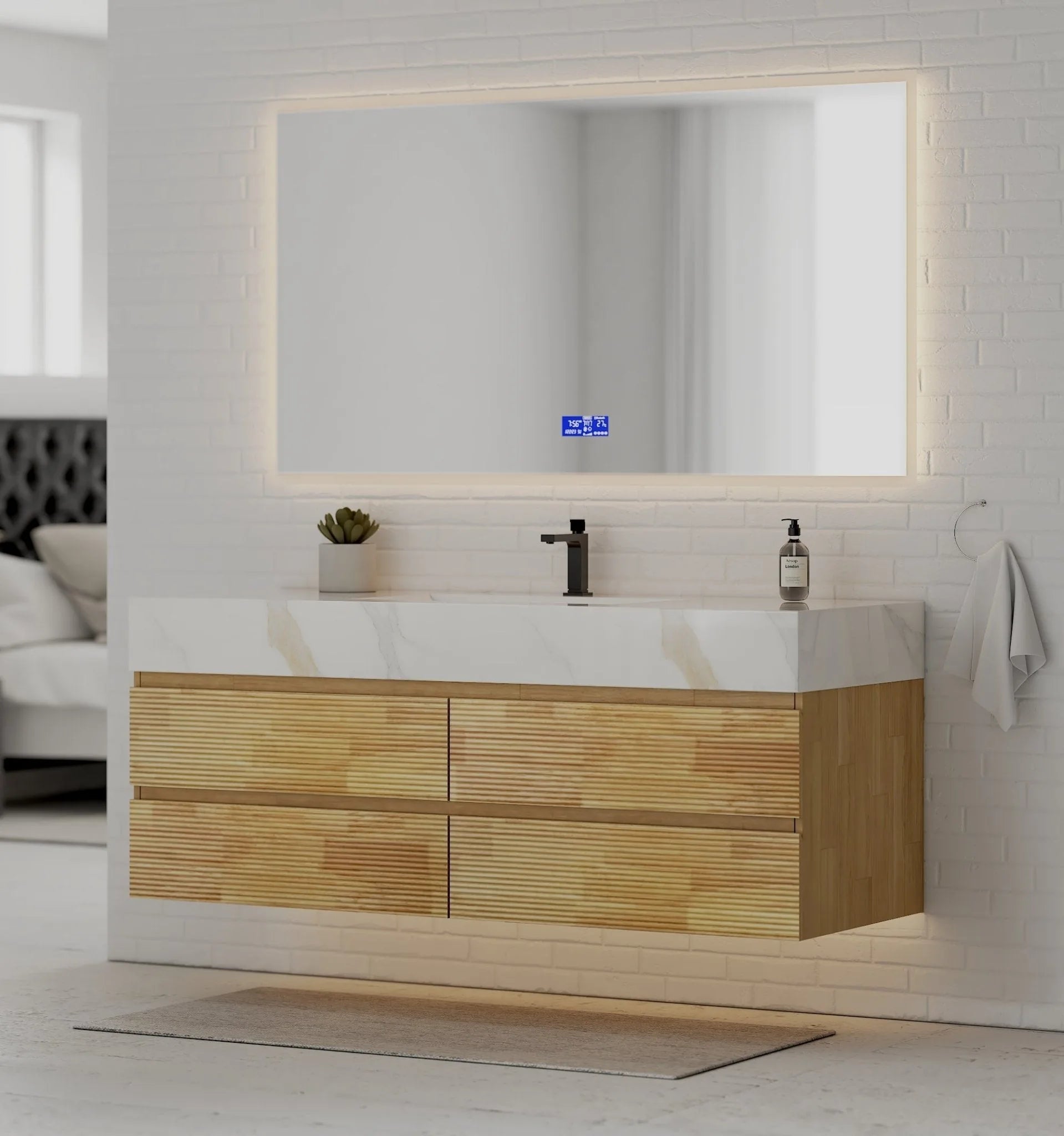 Aventino 60" Black Marquina Gold Veins Natural Oak Floating Single-Sink Vanity with Four Drawers