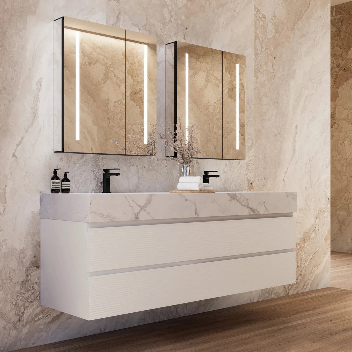 Aventino 60-inch gallery Fluted floating double-sink vanity — sintered stone top