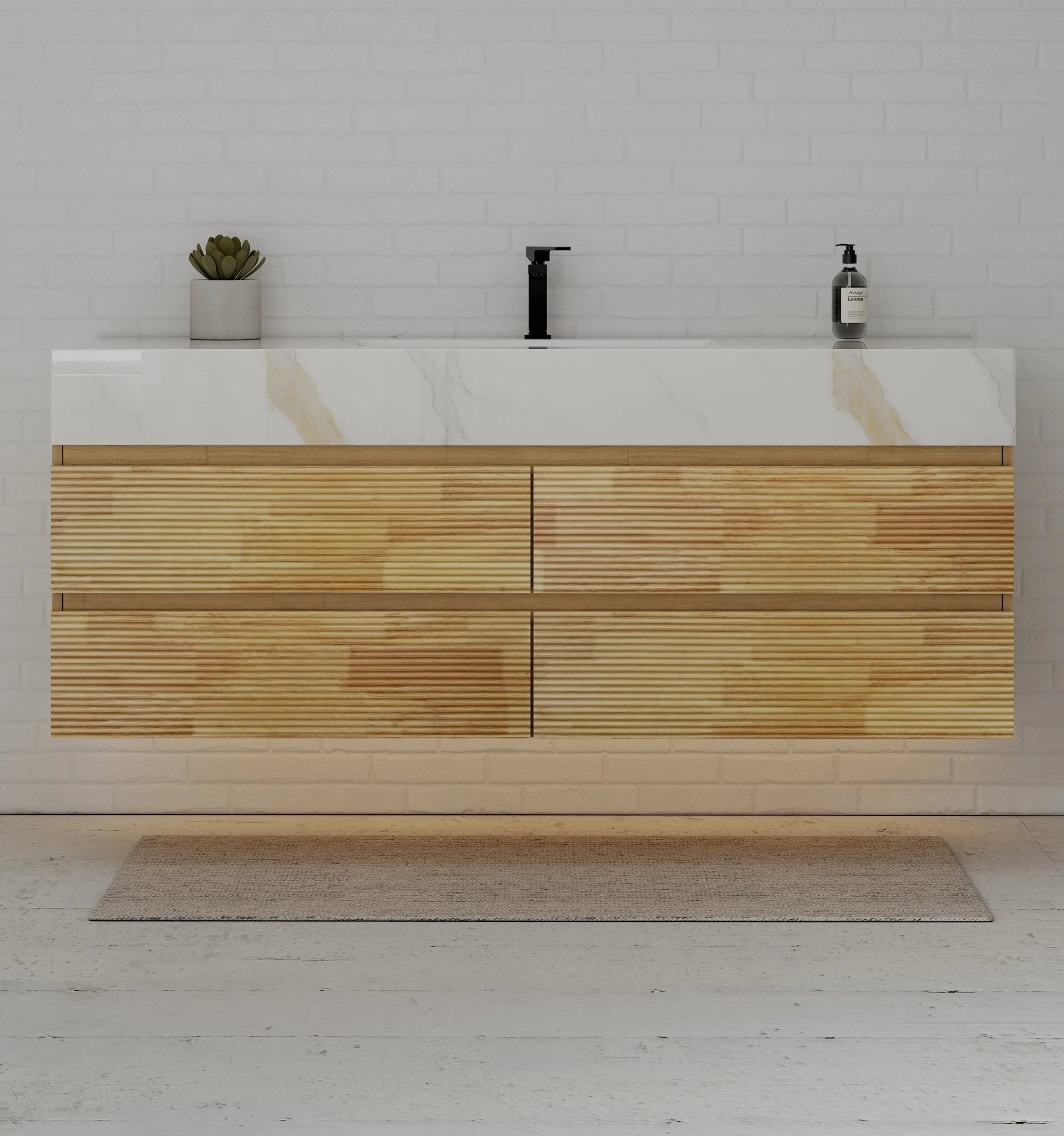 Aventino 60" Black Marquina Gold Veins Natural Oak Floating Single-Sink Vanity with Four Drawers
