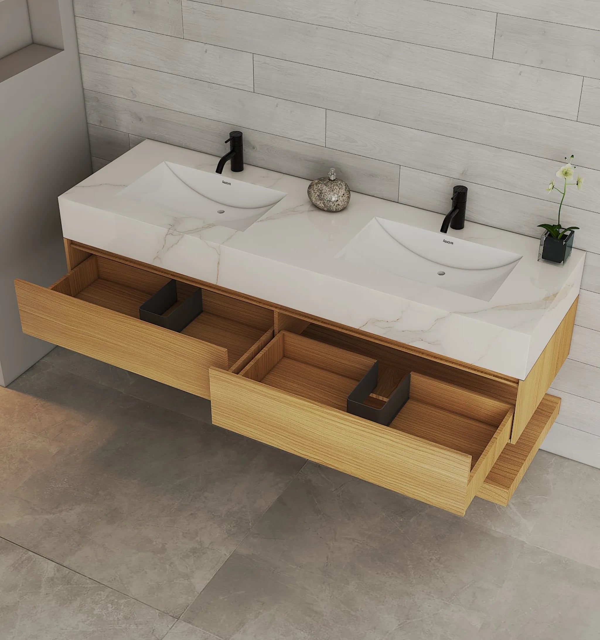 Aventino 60" Natural Oak Floating Double-Sink Vanity with Sintered Stone Top