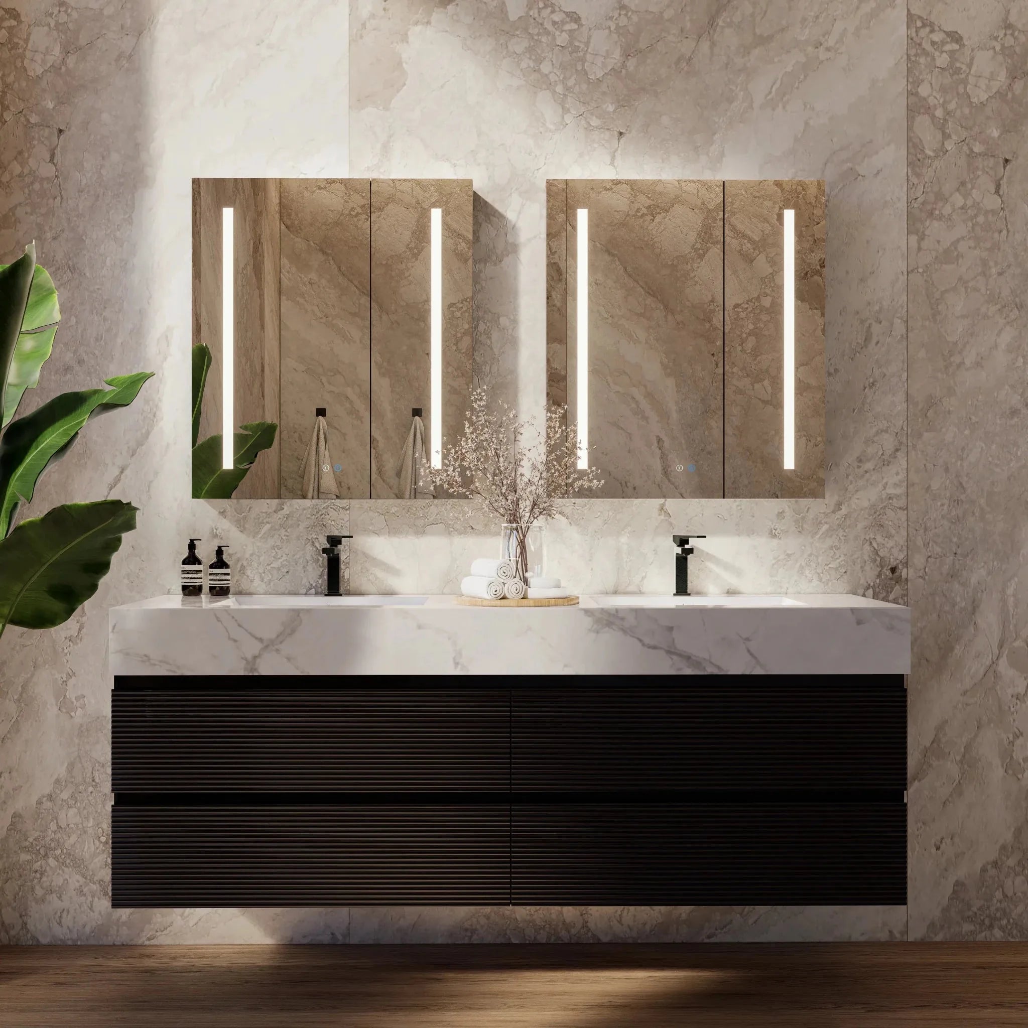 Aventino 60" Black Fluted Floating Double-Sink Vanity with Sintered Stone Top