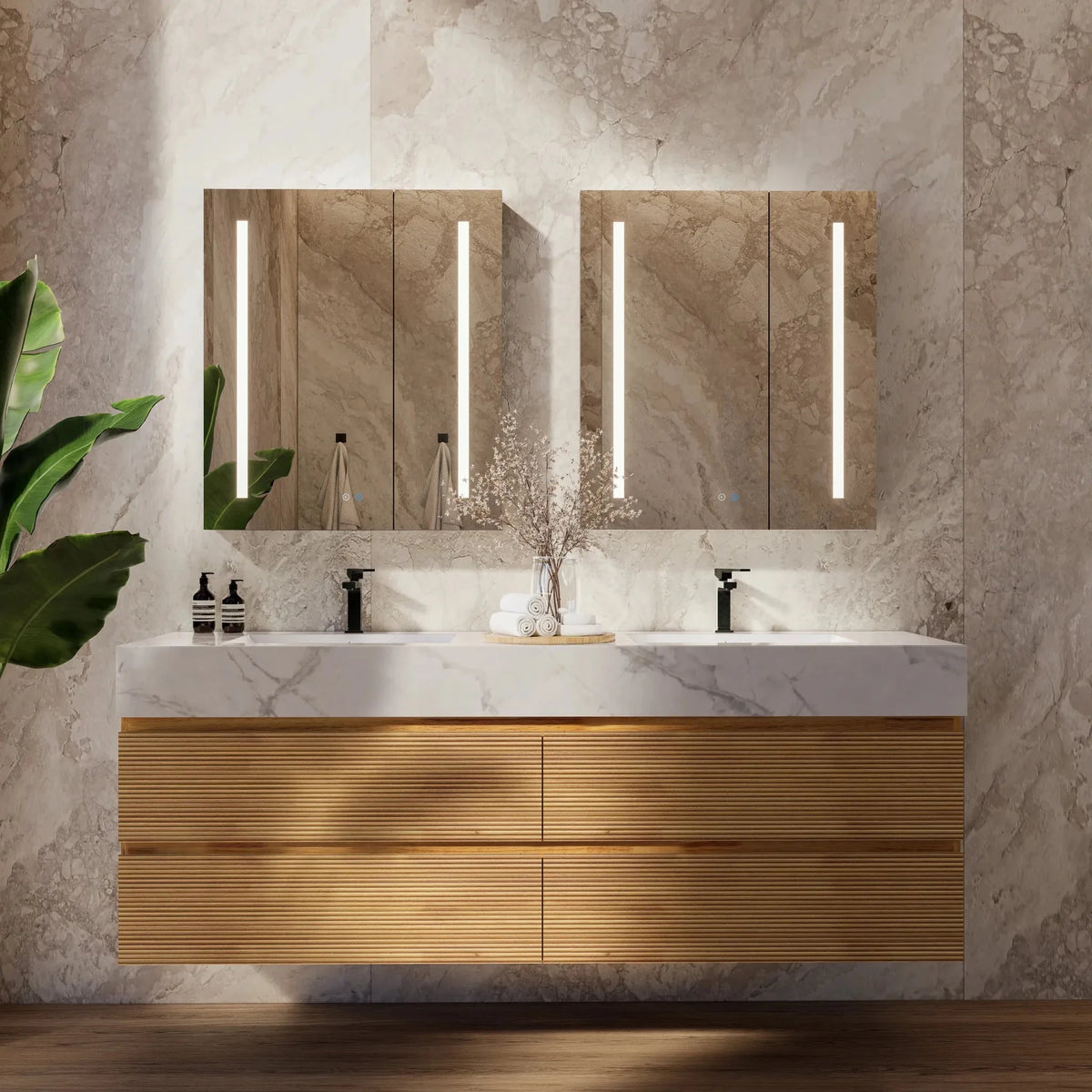 Aventino 60-inch natural-oak fluted floating double-sink vanity with ice grey sintered stone top