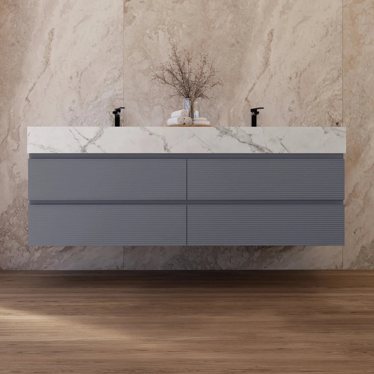 Aventino 60-inch Ice Grey fluted floating double-sink vanity — sintered stone top
