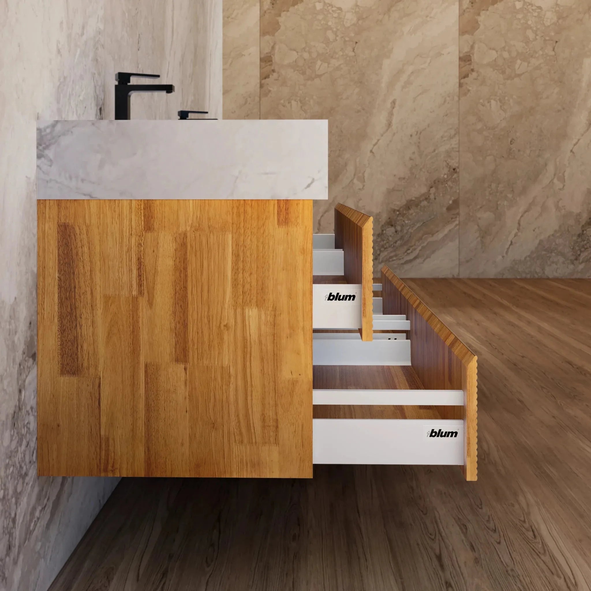 Aventino 60" Oak Fluted Floating Double-Sink Vanity with Sintered Stone Top
