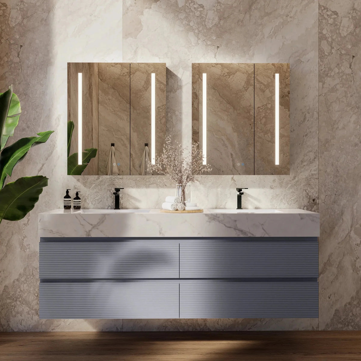 Aventino 60-inch Ice Grey fluted floating double-sink vanity — sintered stone top