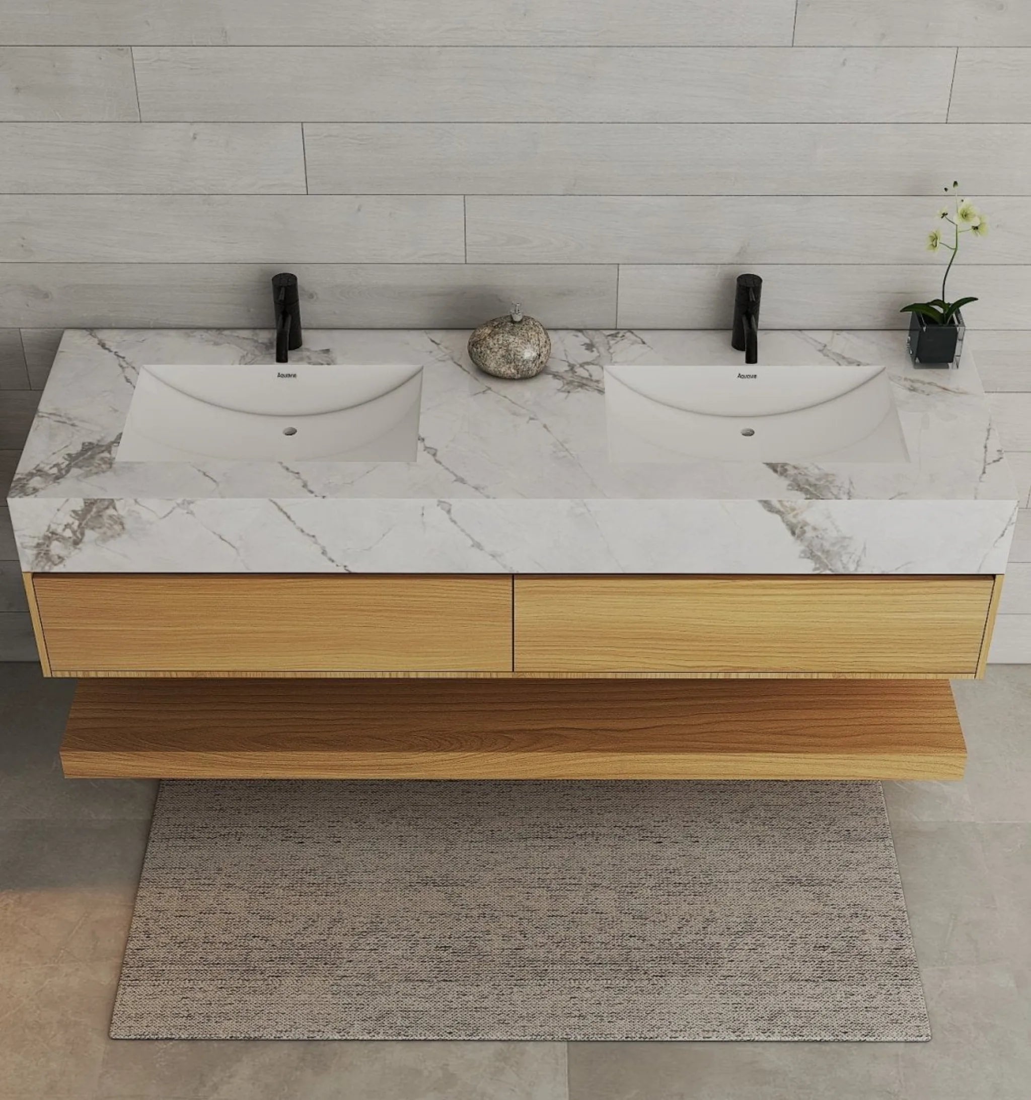 Aventino 60" Natural Oak Floating Double-Sink Vanity with Sintered Stone Top