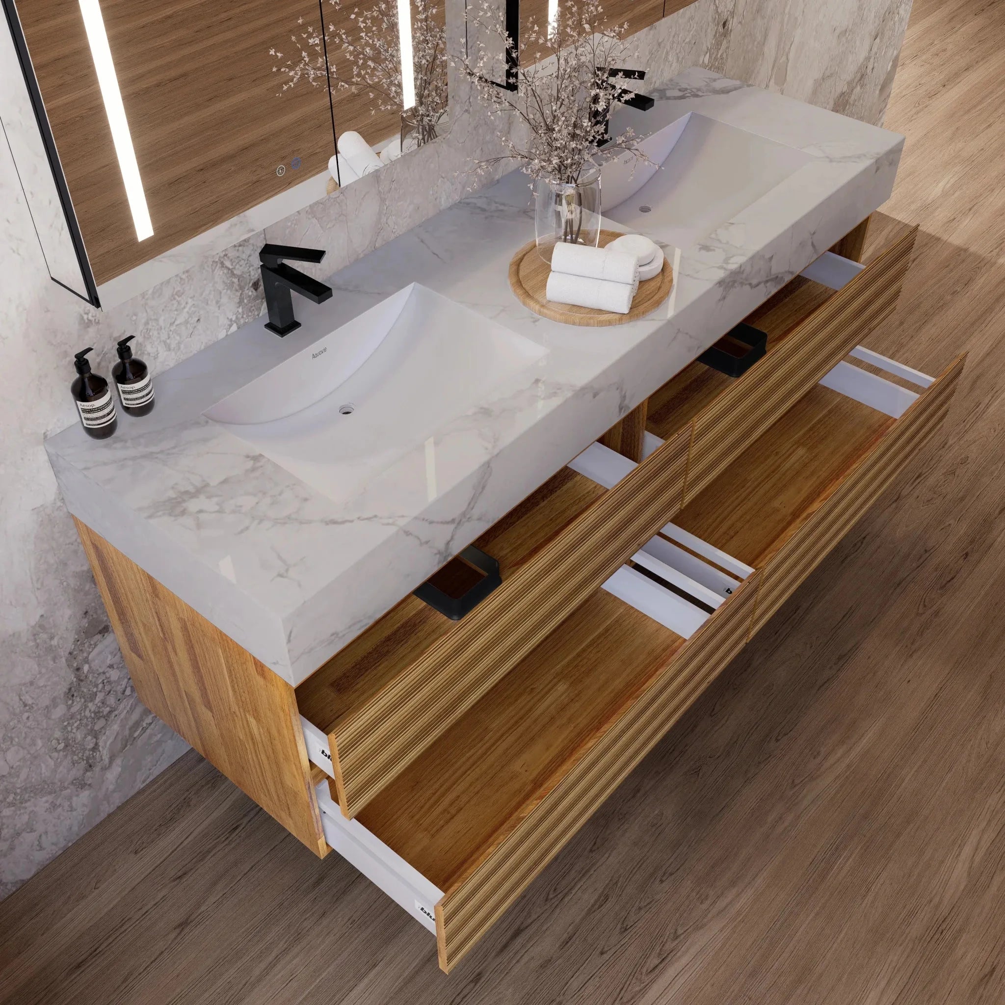 Aventino 60" Oak Fluted Floating Double-Sink Vanity with Sintered Stone Top