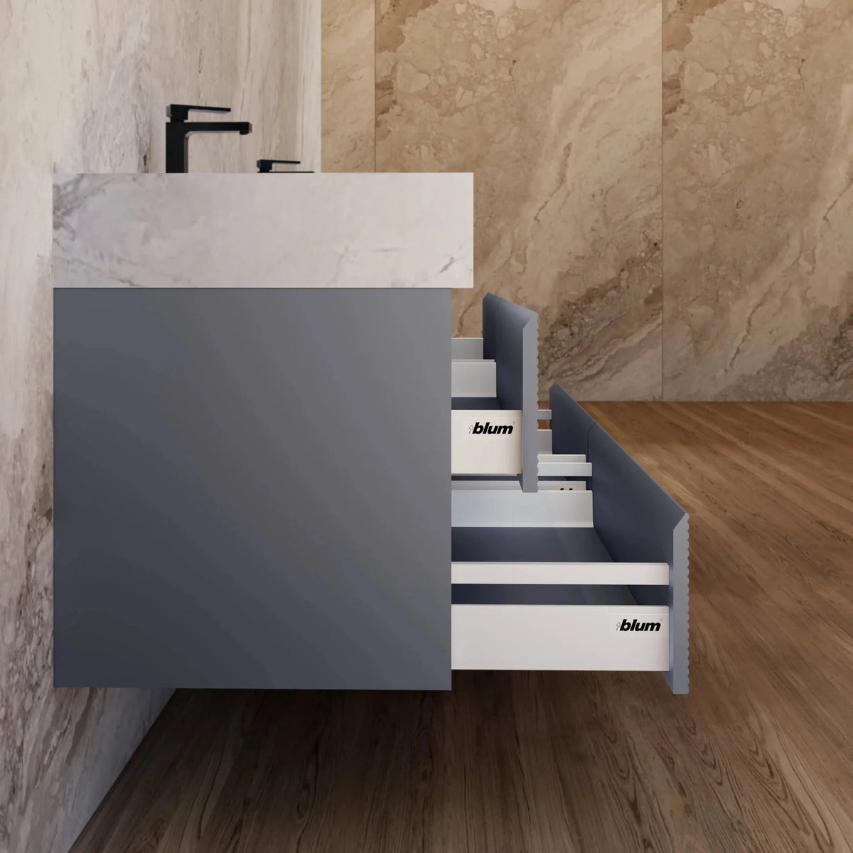 Aventino 60-inch Ice Grey fluted floating double-sink vanity — sintered stone top