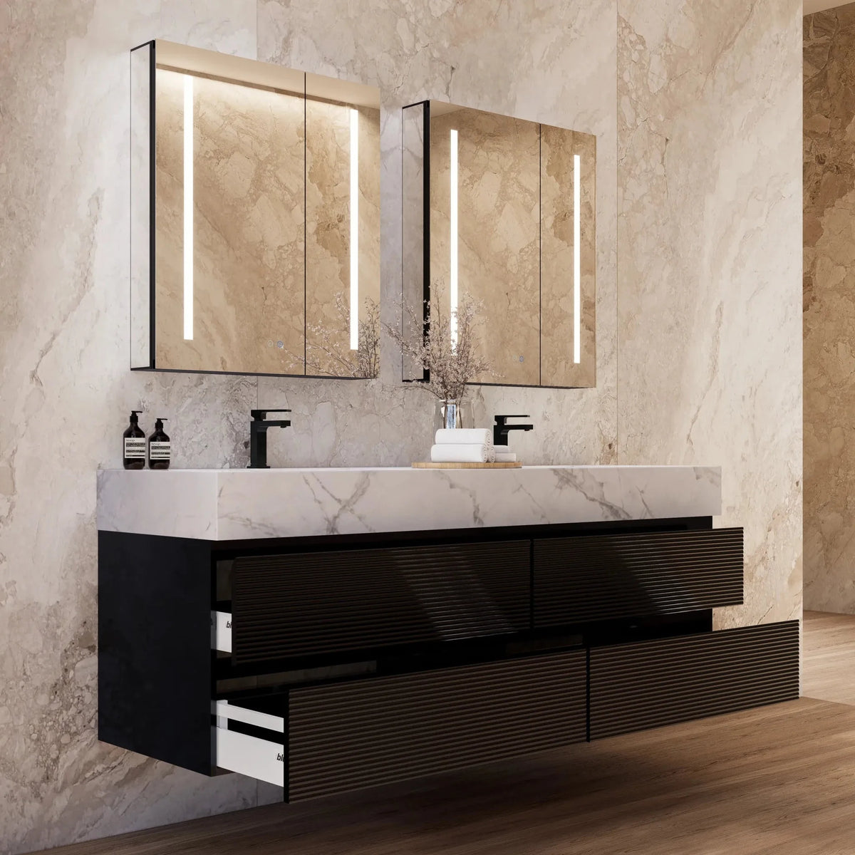 Aventino 60-inch Ice Grey fluted floating double-sink vanity — sintered stone top