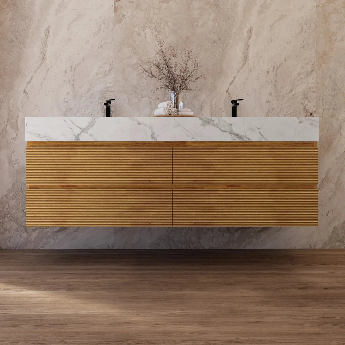 Aventino 60-inch natural-oak fluted floating double-sink vanity with ice grey sintered stone top