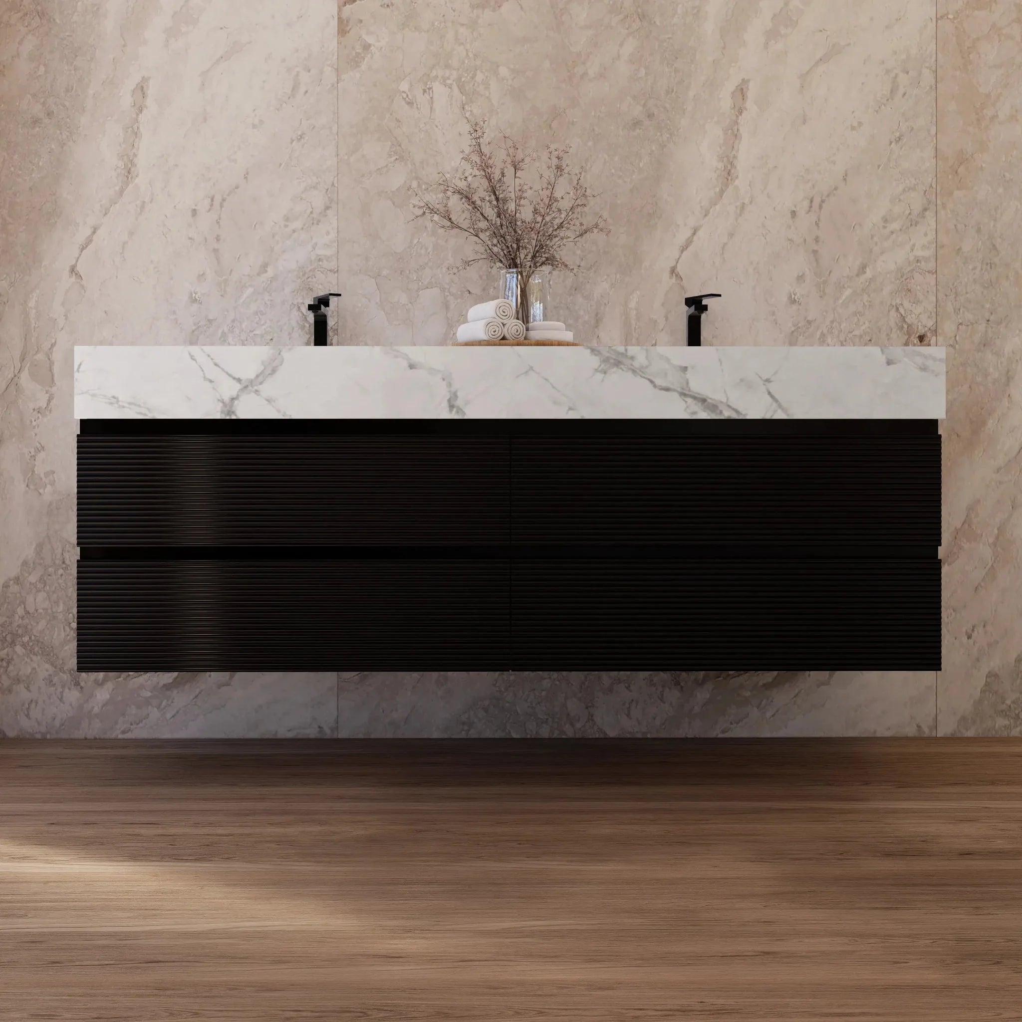 Aventino 60" Black Fluted Floating Double-Sink Vanity with Sintered Stone Top