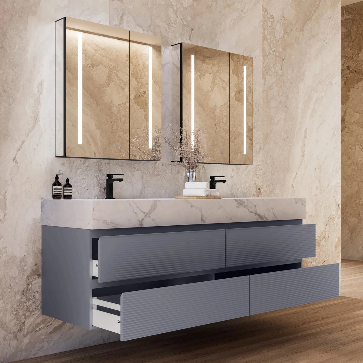 Aventino 60-inch Ice Grey fluted floating double-sink vanity — sintered stone top