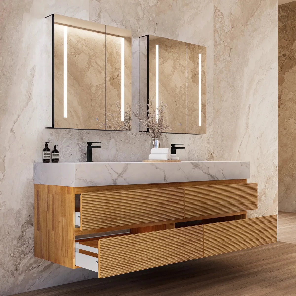 Aventino 60-inch natural-oak fluted floating double-sink vanity with ice grey sintered stone top