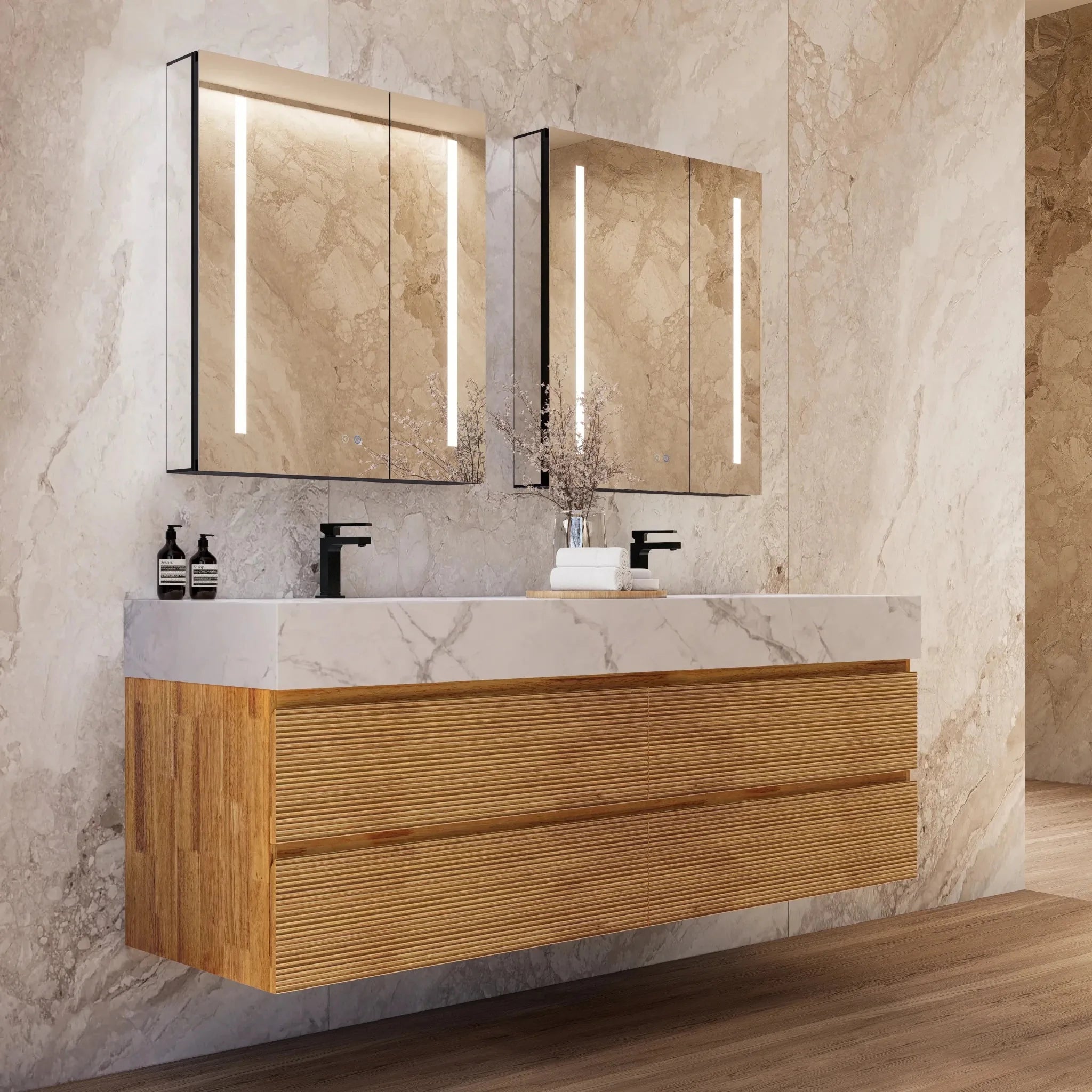 Aventino 60" Oak Fluted Floating Double-Sink Vanity with Sintered Stone Top