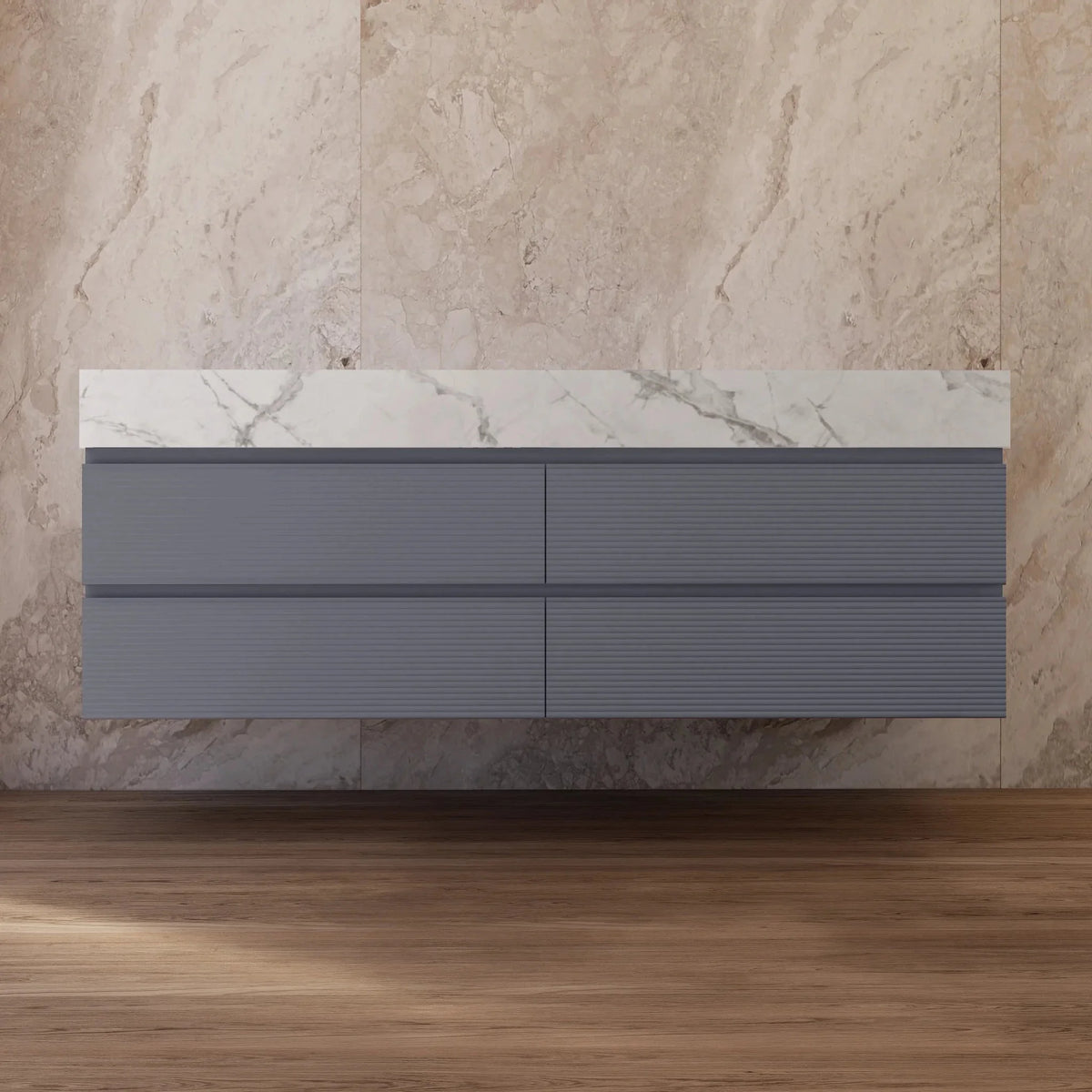 Aventino 60-inch Ice Grey fluted floating double-sink vanity — sintered stone top