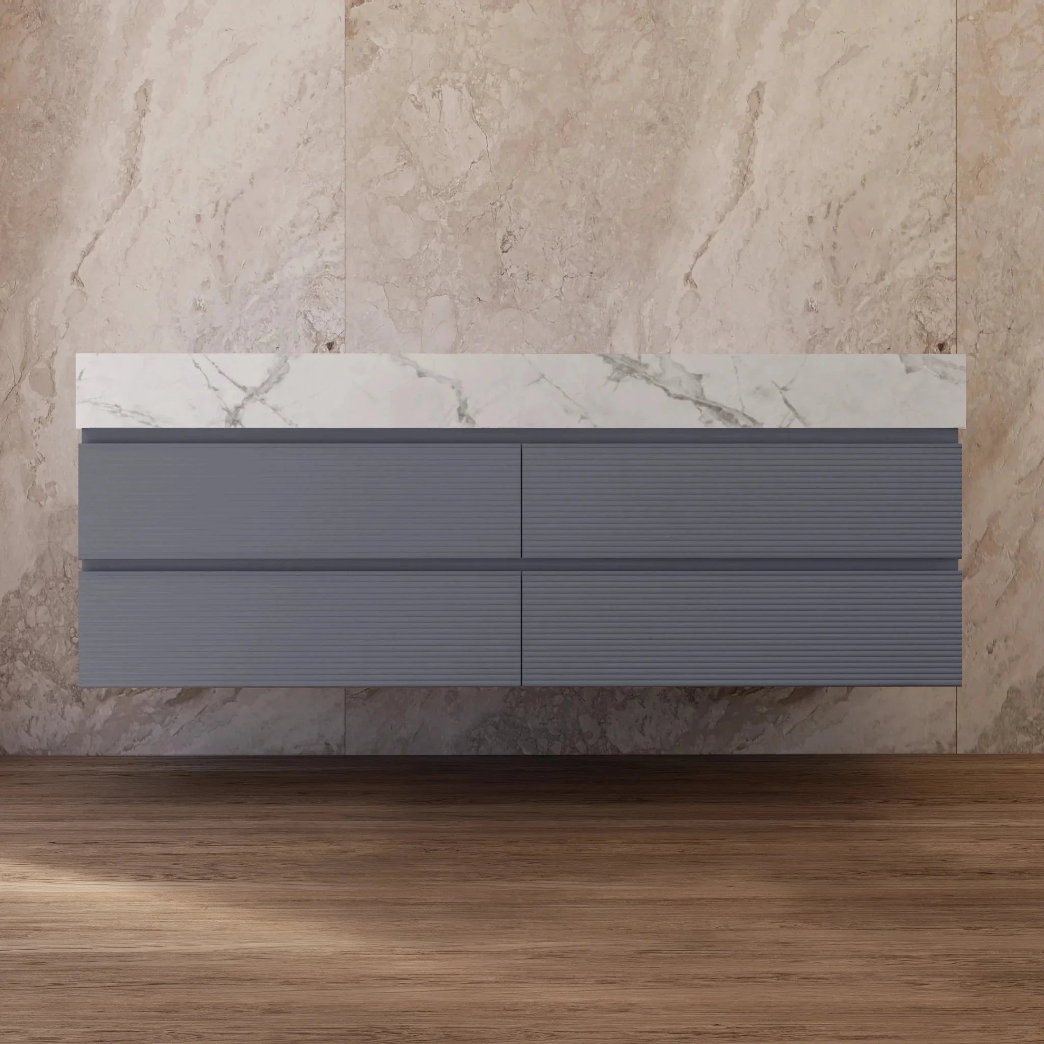 Aventino 60"/71" Dark Grey Fluted Floating Double-Sink Vanity with Sintered Stone Top