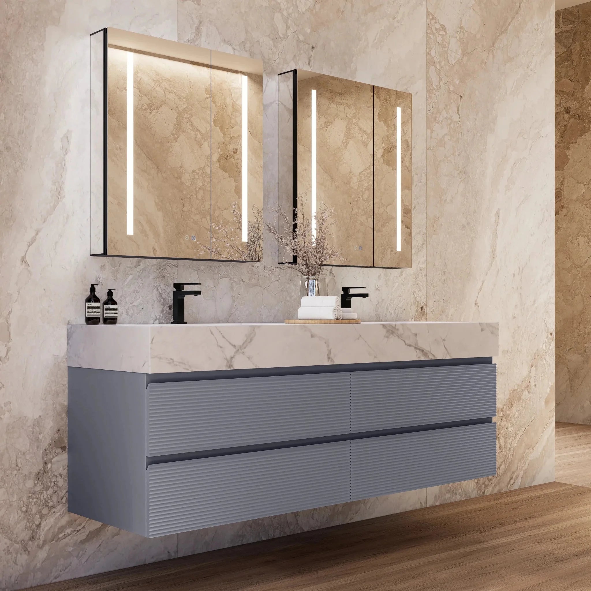 Aventino 60"/71" Dark Grey Fluted Floating Double-Sink Vanity with Sintered Stone Top