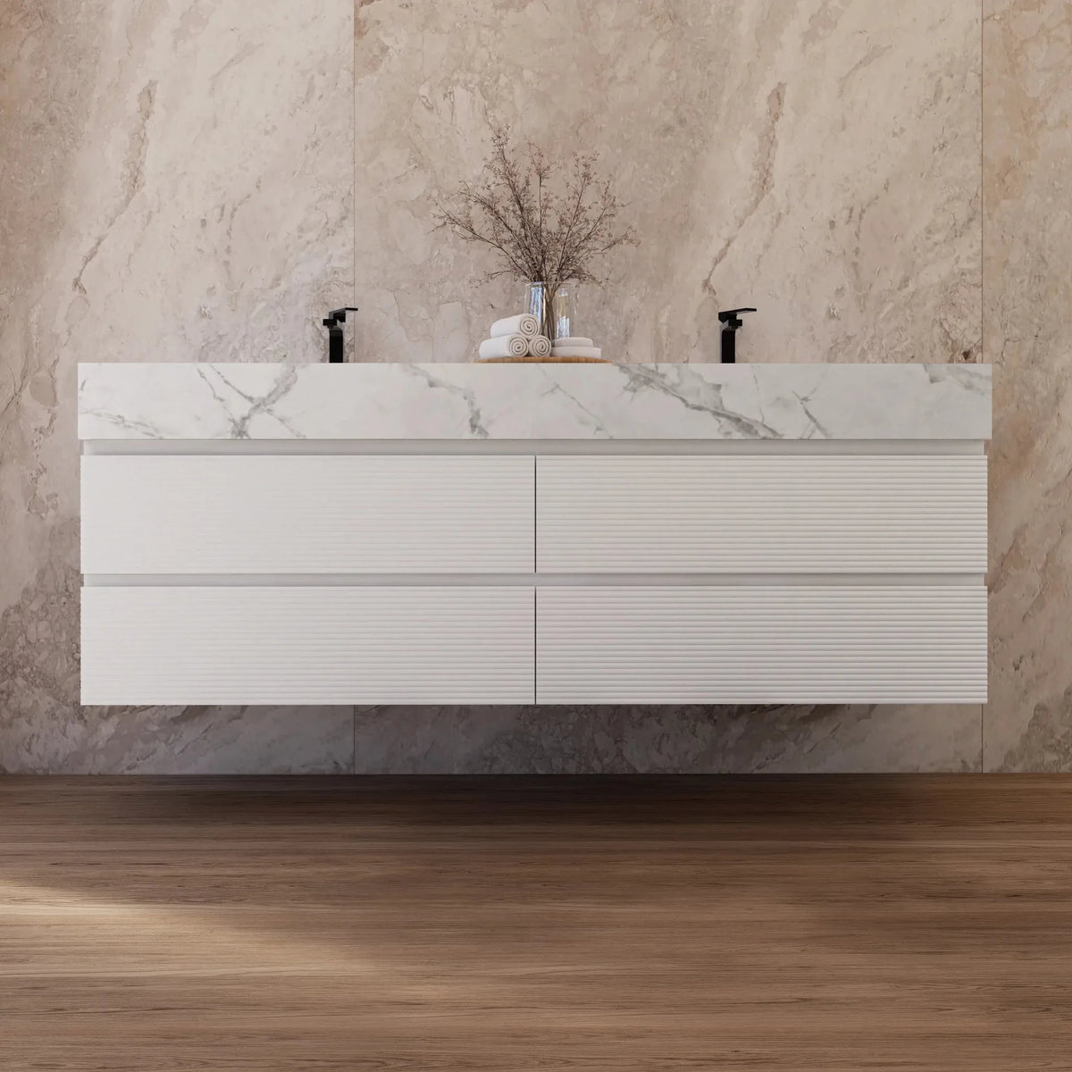 Aventino 60-inch ice grey Fluted floating double-sink vanity — sintered stone top