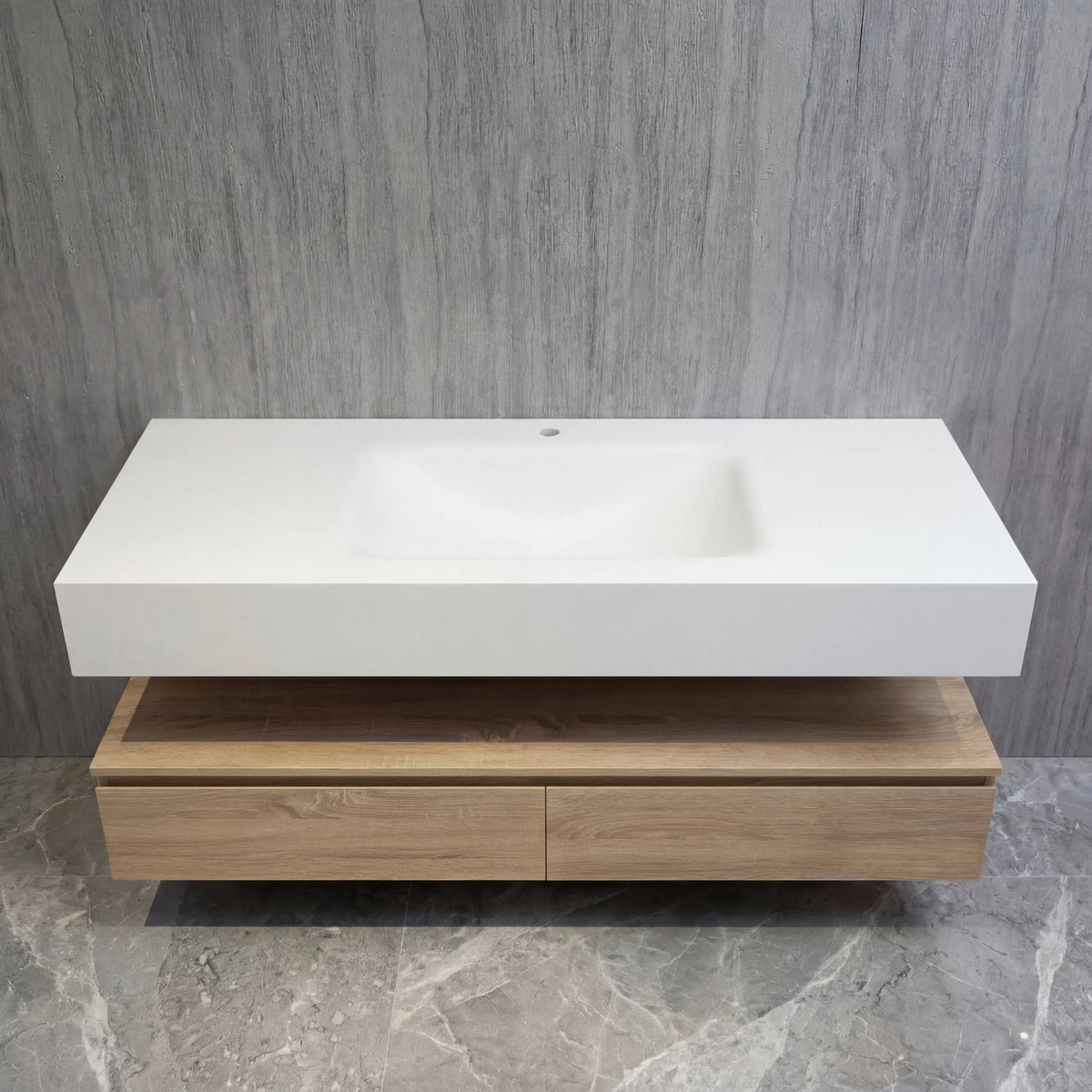 Aventino 60-inch light-oak floating single-sink vanity with pure white sintered stone top