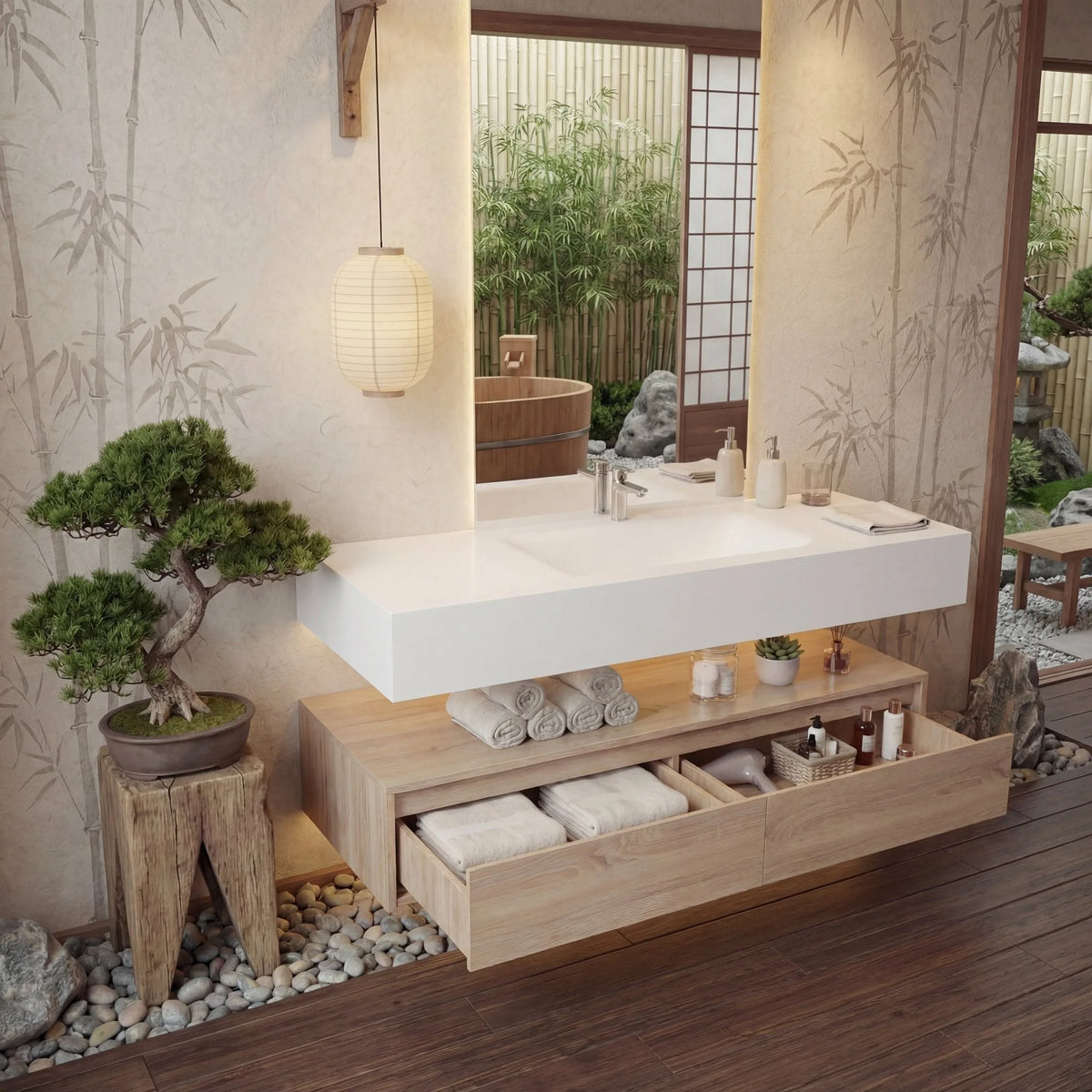 Aventino 60-inch light-oak floating single-sink vanity with pure white sintered stone top