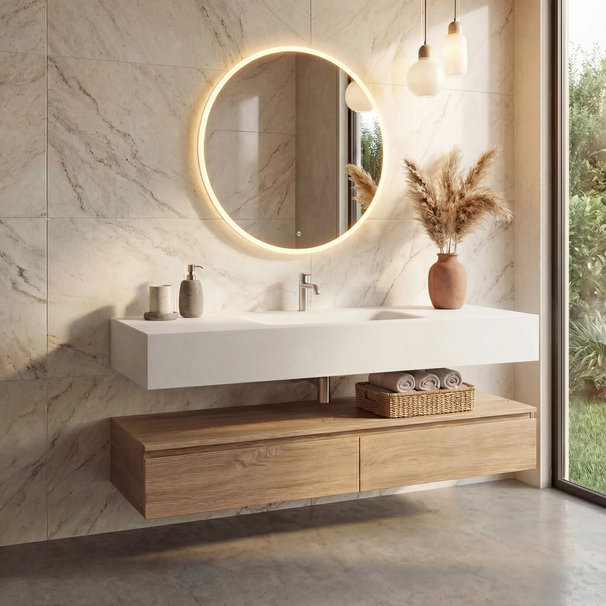 Aventino 60-inch light-oak floating single-sink vanity with pure white sintered stone top
