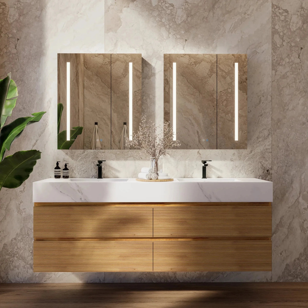 Aventino 60-inch natural-oak fluted floating double-sink vanity with white carrara sintered stone top