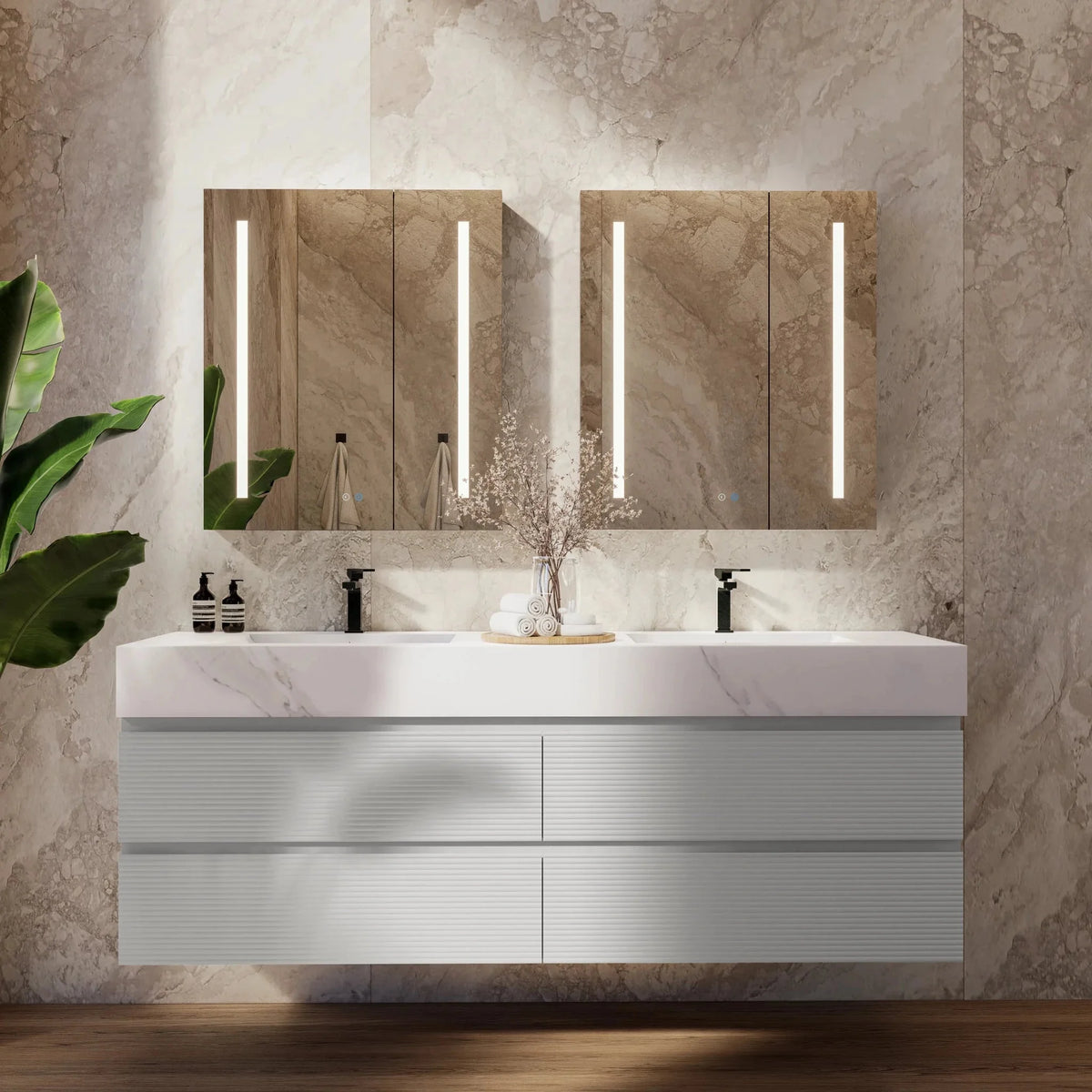 Aventino 60-inch White Carrara fluted floating double-sink vanity — sintered stone top
