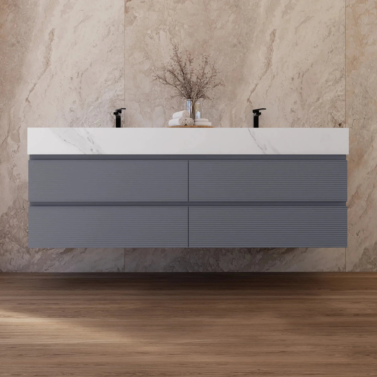 Aventino 60-inch White Carrara fluted floating double-sink vanity — sintered stone top