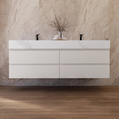 Aventino 60-inch white carrara Fluted floating double-sink vanity — sintered stone top