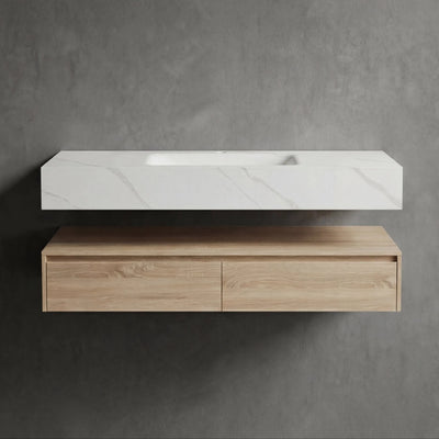 Aventino 60-inch light-oak floating single-sink vanity with white carrara sintered stone top
