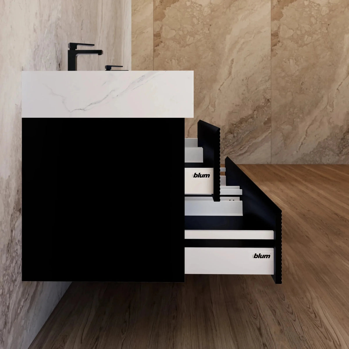 Aventino 60-inch White Carrara fluted floating double-sink vanity — sintered stone top