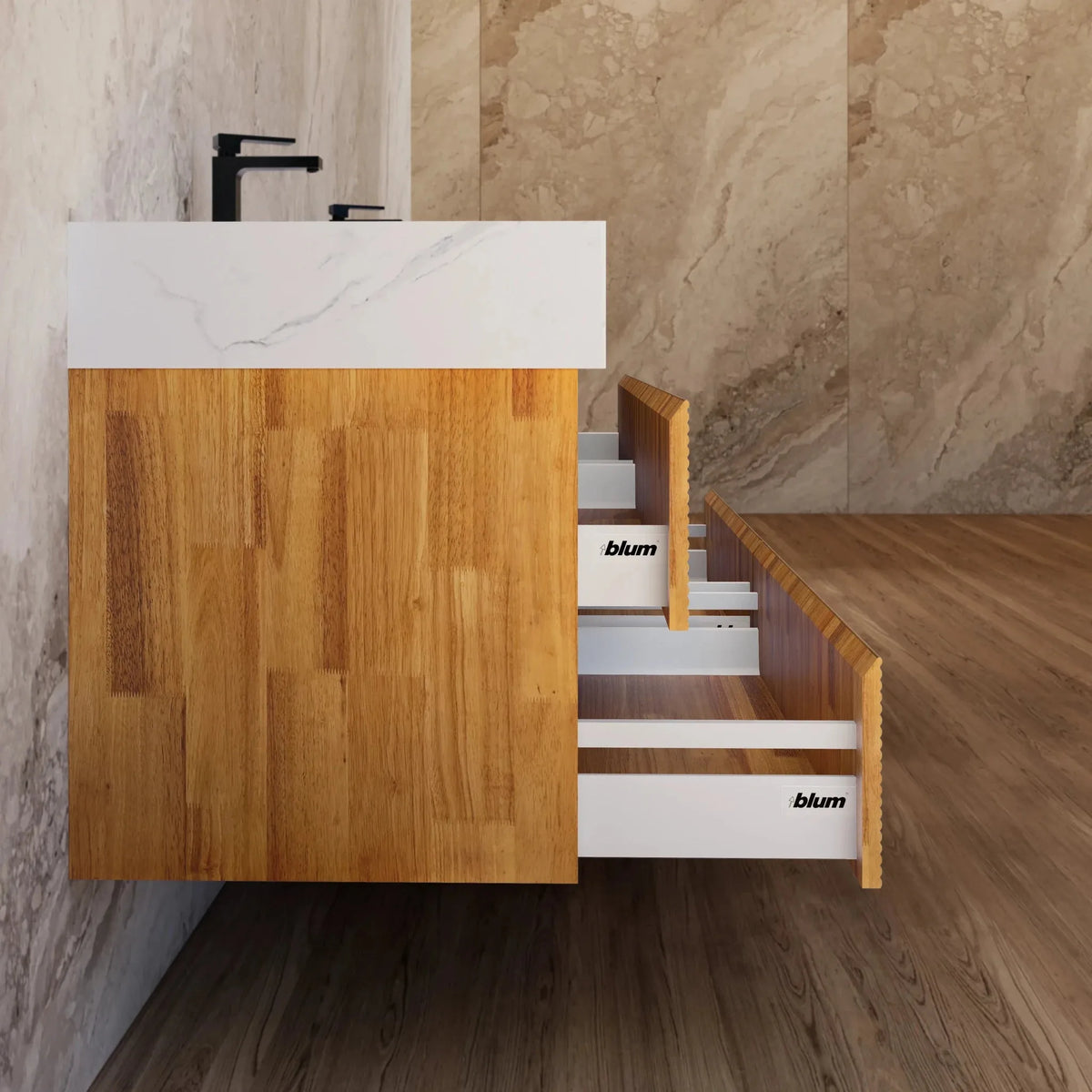 Aventino 60-inch natural-oak fluted floating double-sink vanity with white carrara sintered stone top