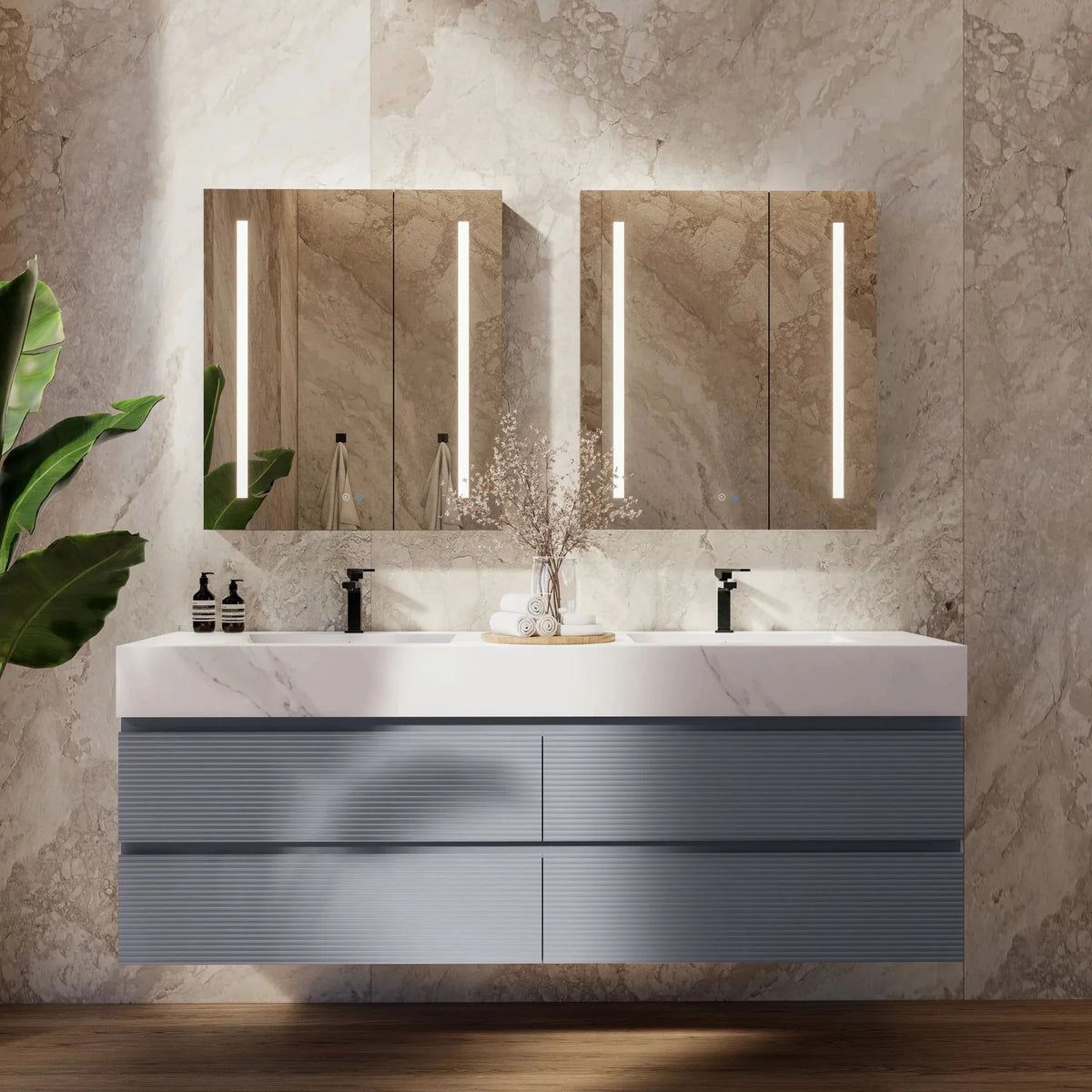 Aventino 60-inch White Carrara fluted floating double-sink vanity — sintered stone top