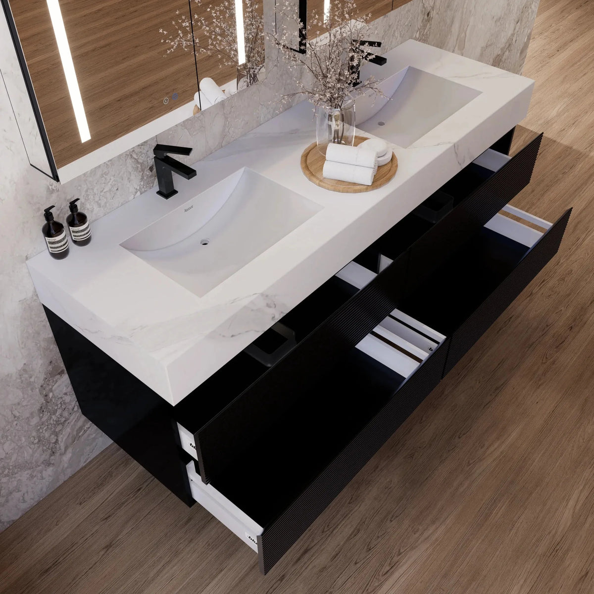 Aventino 60-inch White Carrara fluted floating double-sink vanity — sintered stone top