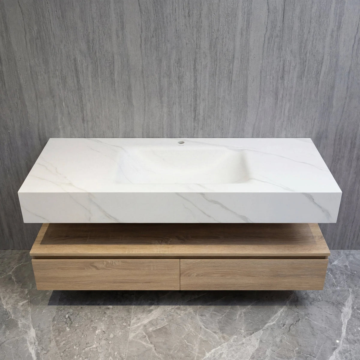 Aventino 60-inch light-oak floating single-sink vanity with white carrara sintered stone top