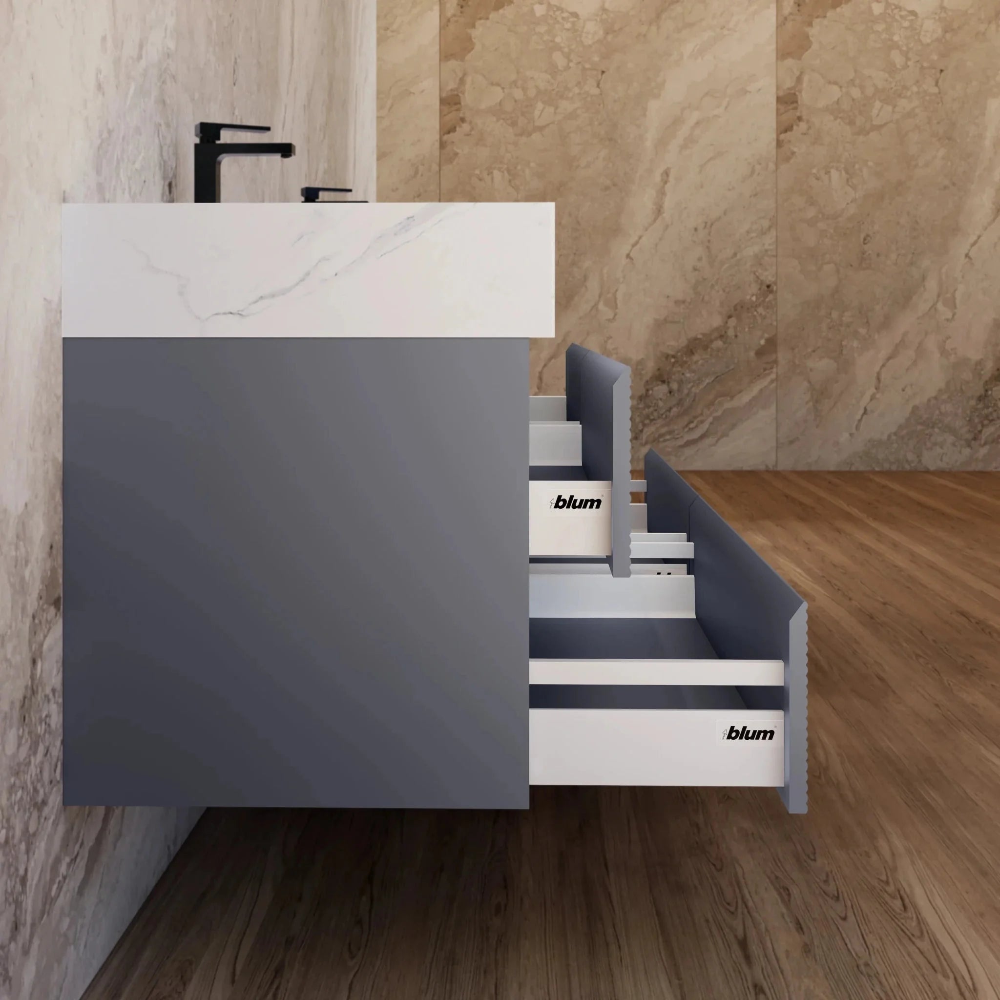 Aventino 60"/71" Dark Grey Fluted Floating Double-Sink Vanity with Sintered Stone Top