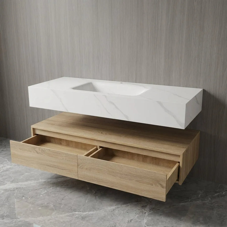 Aventino vanity with drawers open — Blum TandemBox soft-close slides